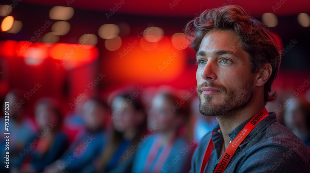 Fototapeta premium Attentive Businessman at Conference with Red Lights