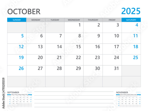 October 2025 year, Calendar planner 2025 and Set of 12 Months, week start on Sunday. Desk calendar 2025 design, simple and clean design, Wall calendar, Corporate design planner template vector