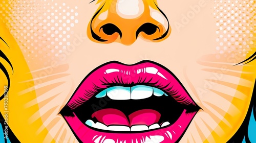 Vibrant pop art style illustration of female facial features with bold colors and patterns