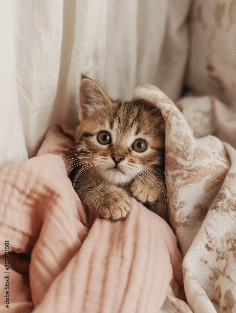 Adorable Kitten Cat wrapped in blankets | Portrait | Pastel Aesthetic | Cozy Pink and tan | Cute | Paws 