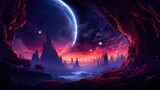 A breathtaking fantasy landscape with glowing celestial bodies and towering cliffs under a night sky