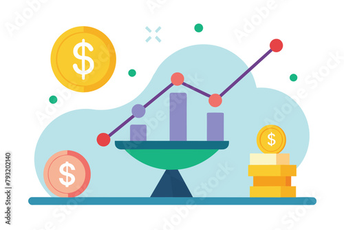 A pile of coins sits next to another pile of coins, representing financial wealth and savings, Look at the dollar market price, Simple and minimalist flat Vector Illustration
