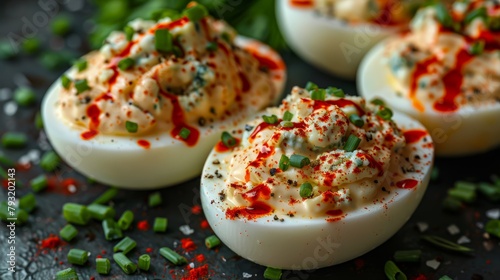   Deviled eggs on black surface, topped with red and green sprinkles Surrounded by additional sprinkles photo