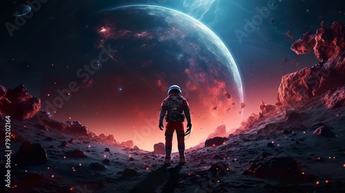 An astronaut stands looking at the large  looming planet amidst a red  rocky alien landscape