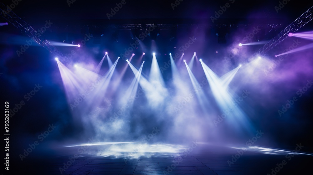 A dramatic display of multicolored stage lights illuminates a concert hall, creating an energetic atmosphere