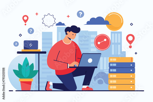 A man sitting on a stack of books, typing on a laptop, Looking for internet trouble solutions, Simple and minimalist flat Vector Illustration