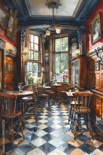 A painting of a room with checkered floors and tables  AI