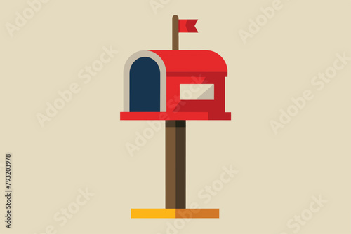 A red and blue mailbox positioned on top of a wooden pole outdoors, Mail post, Simple and minimalist flat Vector Illustration