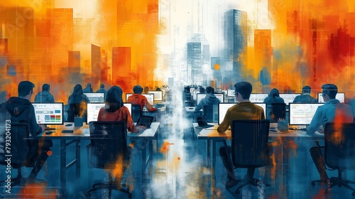 Abstract Office Life with Vibrant Color Splashes