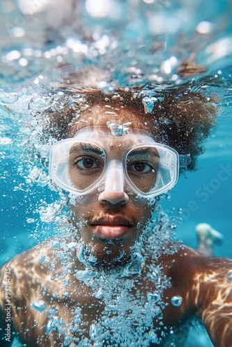 A man wearing goggles underwater in a swimming pool, AI