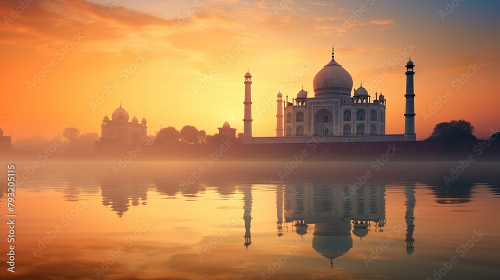 An enchanting view of the Taj Mahal during dawn's gentle light, creating a perfect reflection across the calm water surface