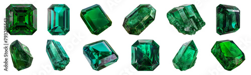 Collection of emerald gemstones in various shapes cut out png on transparent background