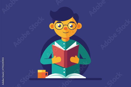 A man seated, reading a book, Male character is reading a book, Simple and minimalist flat Vector Illustration