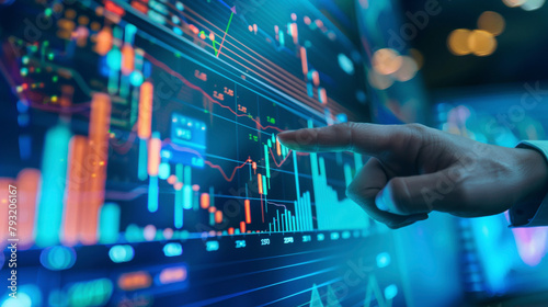 hand of a businessman pointing at a candle stick graph chart of stock market investment trading app. data analytics and strategy formulation