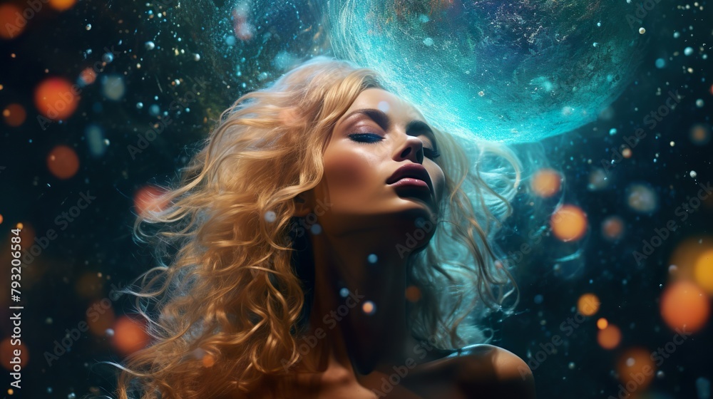 Striking image of a woman with a cosmic backdrop representing concepts like creation, life force, and magic