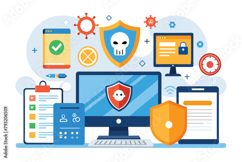 A computer protected by a shield with various security gadgets surrounding it, Malware protection software, gadgets security assurance, Simple and minimalist flat Vector Illustration