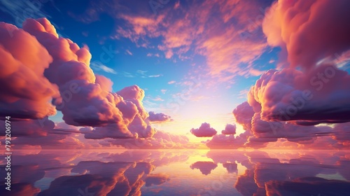Stunning visual of clouds and sky during sunset mirrored perfectly on the water's surface, creating a symphony of colors