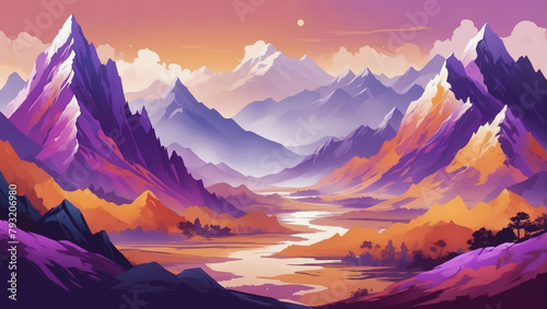 Chinese Style Illustration of Abstract Mountain Range with Violet and Amber Colors