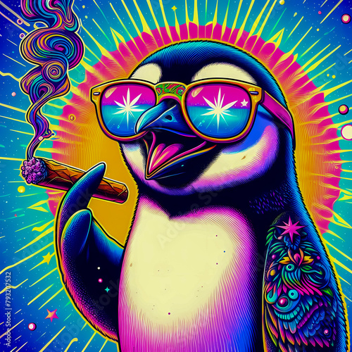 Digital art of a psychedelic cool penguin smiling smoking a blunt photo