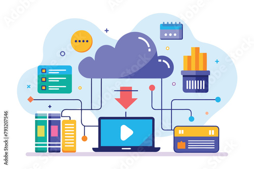 A cloud overseeing various electronic devices like a laptop, smartphone, and tablet, management of data downloads and installations in the cloud, Simple and minimalist flat Vector Illustration
