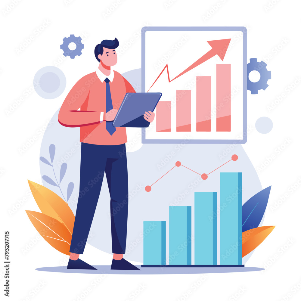 A man, a manager, stands in front of a chart, analyzing sales growth data with a tablet in hand, Manager analyzes sales growth graph, Simple and minimalist flat Vector Illustration A man, a manager, stands in front of a chart, analyzing sales growth data with a tablet in hand, Manager analyzes sales growth graph, Simple and minimalist flat Vector Illustration
