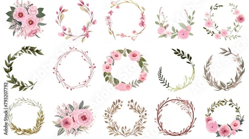 A collection of delicate circular floral elements with pink tones and diverse leaf patterns for ornamental use