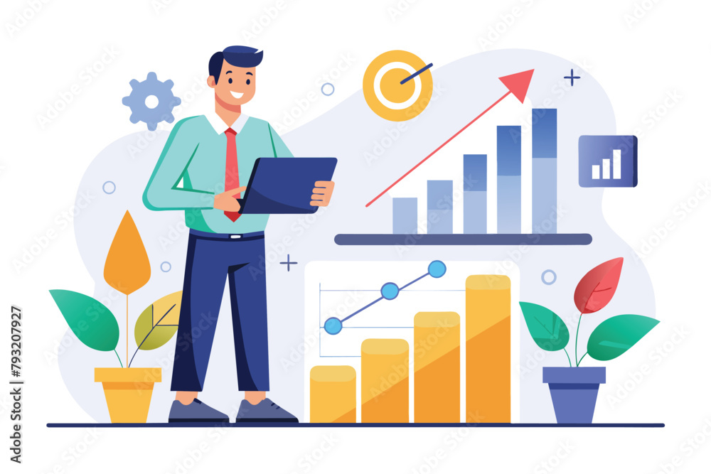 A man stands in front of a chart, analyzing sales growth data on a tablet, Manager analyzes sales growth graph, Simple and minimalist flat Vector Illustration