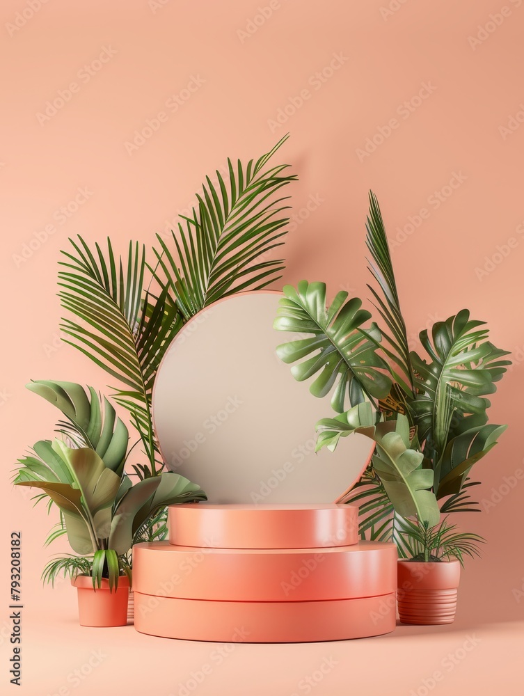 Podium with tropical branches and leaves. Advertising stand render 3d style. promotion empty podium in soft peach pastel stylish colors. display for product