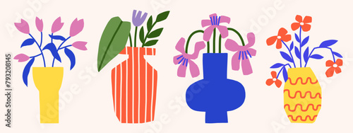 Bright flowers in vases vector illustration set. Trendy paper cut floral graphic. Flat botanical elements