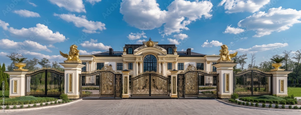 Naklejka premium a modern European-style villa, a backdrop of clear blue skies and fluffy white clouds, with its immense size and resplendent golden accents, including a luxuriously adorned gate.