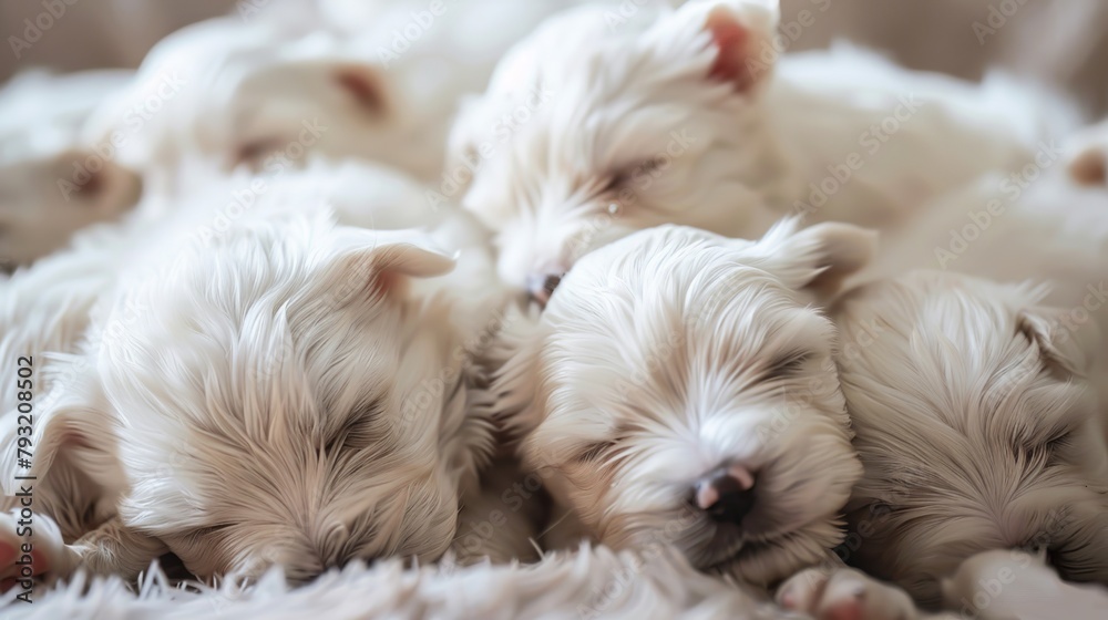 very cute sleeping westie puppys on a pile - obrazy, fototapety, plakaty 
