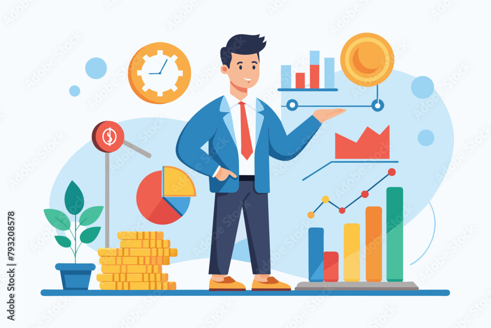 A man stands in front of a large pile of coins, examining them closely, Manager controls the development of income statistics, Simple and minimalist flat Vector Illustration A man stands in front of a large pile of coins, examining them closely, Manager controls the development of income statistics, Simple and minimalist flat Vector Illustration