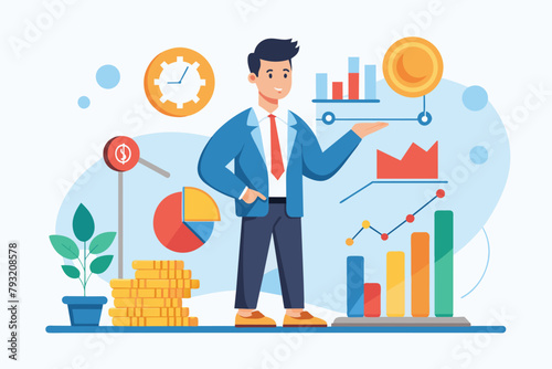 A man stands in front of a large pile of coins, examining them closely, Manager controls the development of income statistics, Simple and minimalist flat Vector Illustration