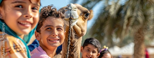 a camel encounter for kids in Saudi Arabia, where laughter and excitement fill the air as children revel in the unique experience, while spectators observe with delight.