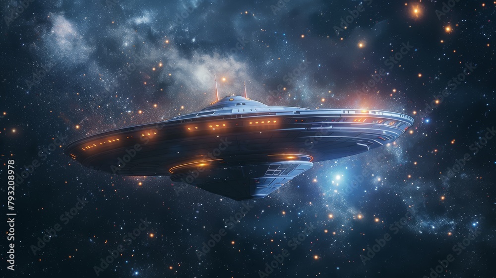 A 3D rendering of an alien spaceship flying in deep space with stars in the background, seen from the rear. A 3D rendering of an alien spaceship flying in deep space with stars in the background, seen from the rear.