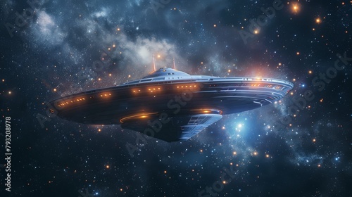A 3D rendering of an alien spaceship flying in deep space with stars in the background, seen from the rear.