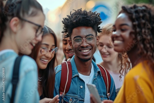 Group of happy african american students looking at mobile phone together