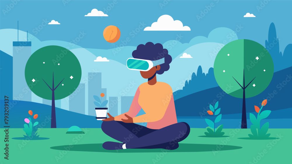 A person sitting in a public park engrossed in a virtual reality experience provided by their implanted neural enhancement.. A person sitting in a public park engrossed in a virtual reality experience provided by their implanted neural enhancement..