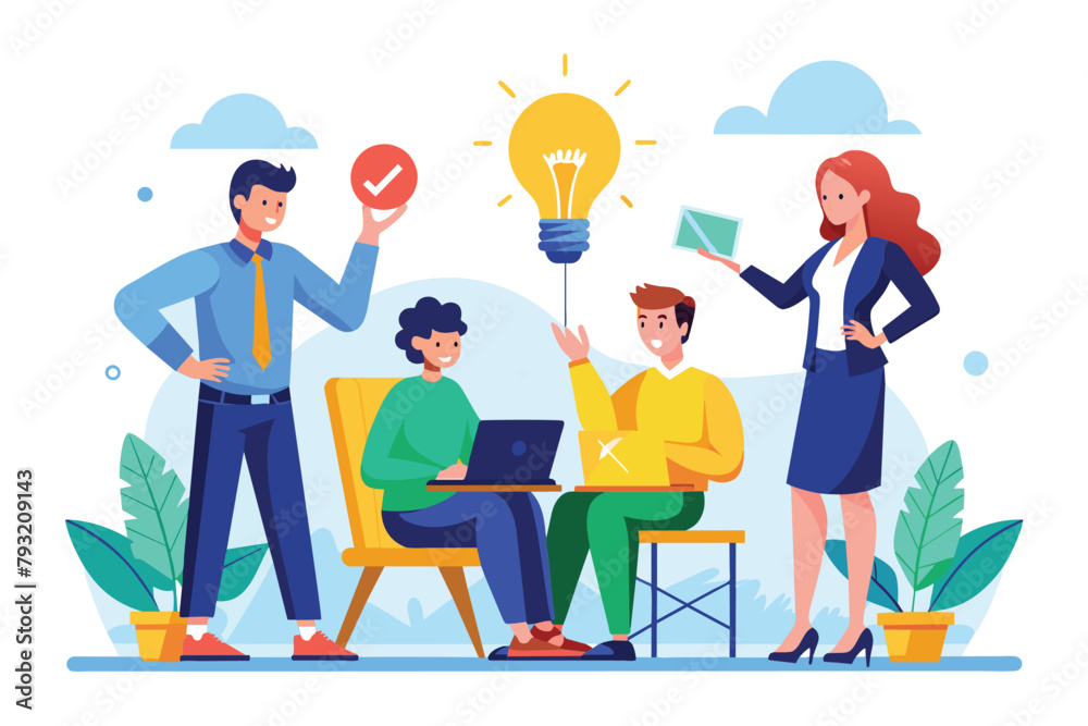Team of managers providing ideas to employee around laptop, Managers give ideas to employee, Simple and minimalist flat Vector Illustration