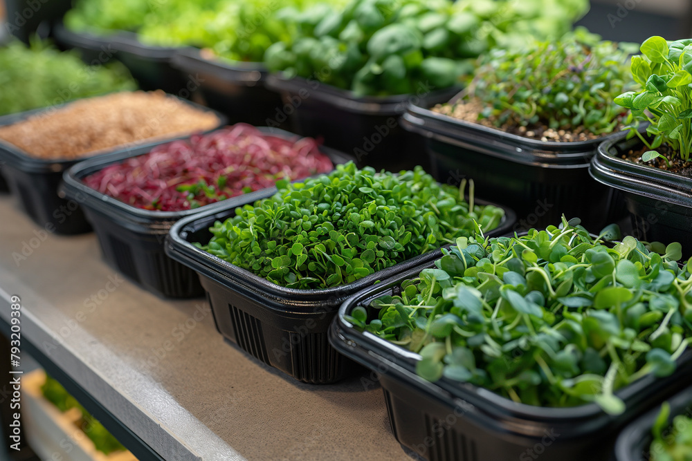 Black containers with different kinds of microgreens on shelves of eco store. Selective focus. Copy space. Healthy food concept
