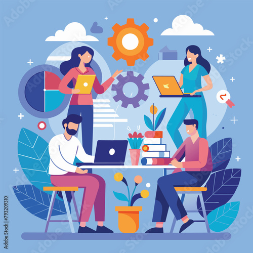 A group of people, mainly managers, sitting around a table, actively using laptops to collaborate on a project, Managers working on project together, Simple and minimalist flat Vector Illustration