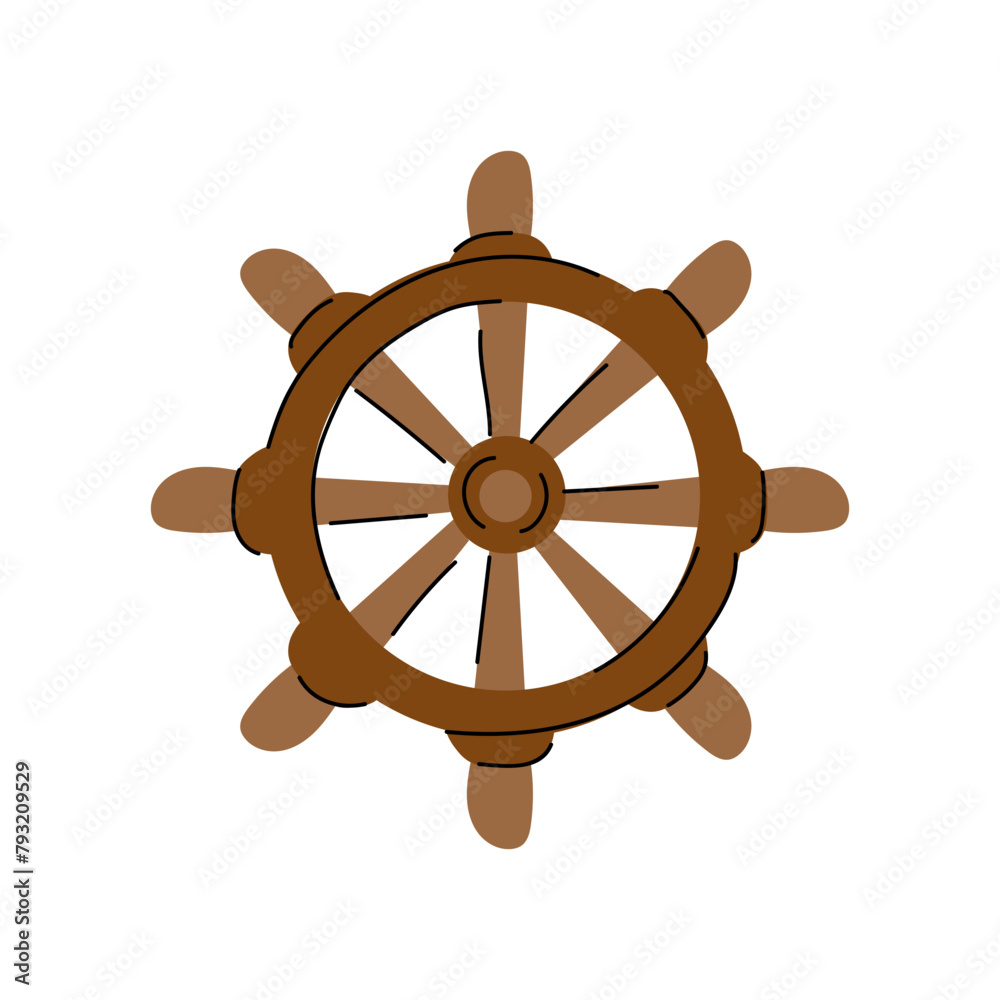 An illustration of a cute wooden ship wheel.