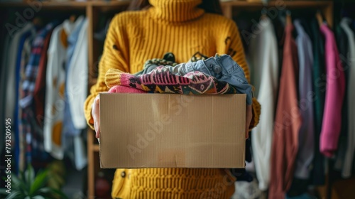A conceptual image of donation, featuring a woman holding a donation box filled with clothes. photo