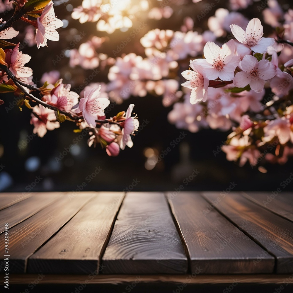 natural beauty and elegance with an empty dark wooden table graced by the ethereal presence of Japanese cherry blossom flowers,