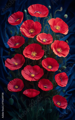 enchanting and dynamic portrayal of 43 radiant red poppies  arranged in a captivating dance against a midnight blue backdrop