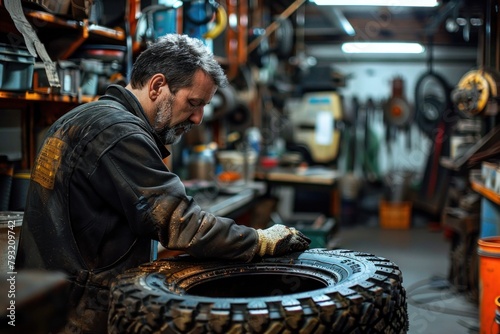 Mechanic inspecting tire in workshop environment.