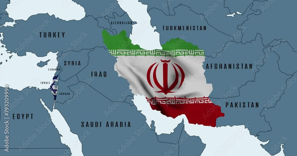 Crisis between Israel and Iran, map of states in the colors of national flags.
