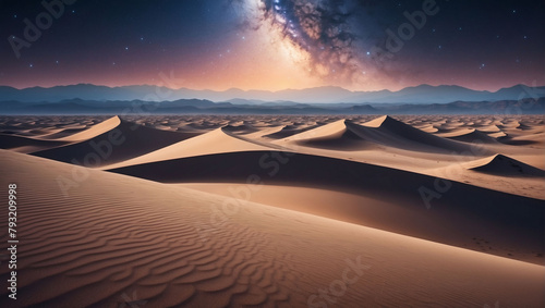 Desert Landscape with Sand Dunes and Mystical Gradient Starry Sky. Scenic Modern Wallpaper.