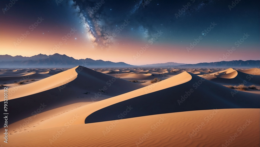 Desert Landscape with Sand Dunes and Serene Gradient Starry Sky. Scenic Modern Wallpaper.