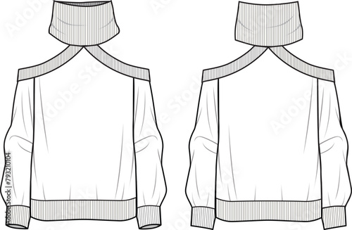 Women's Turtle Neck, Cold Shoulder Jumper. Technical fashion illustration. Front and back, white color. Women's CAD mock-up.